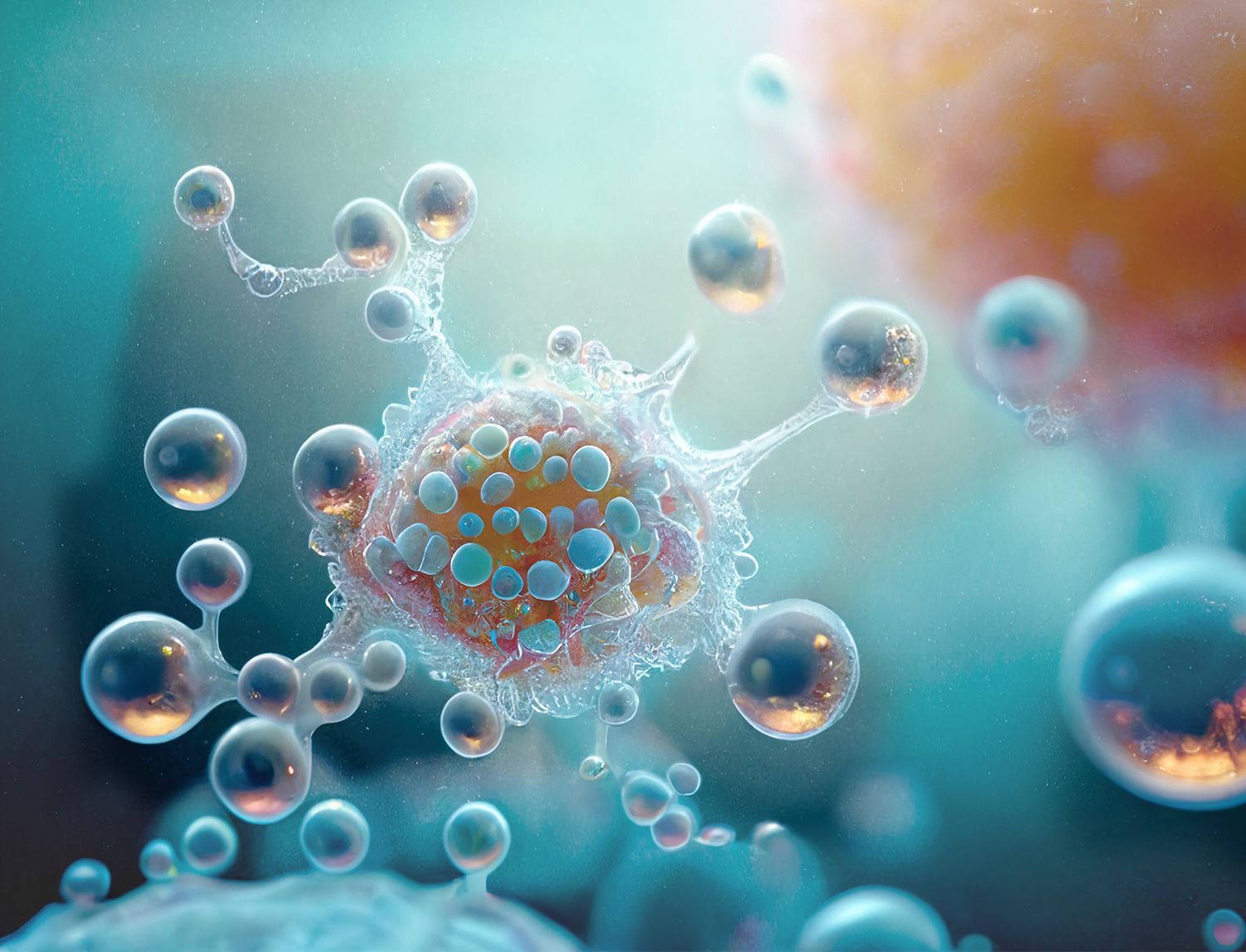 Rendering astratto di una cellula immunitaria circondata da sfere traslucide blu e arancioni, su sfondo sfocato