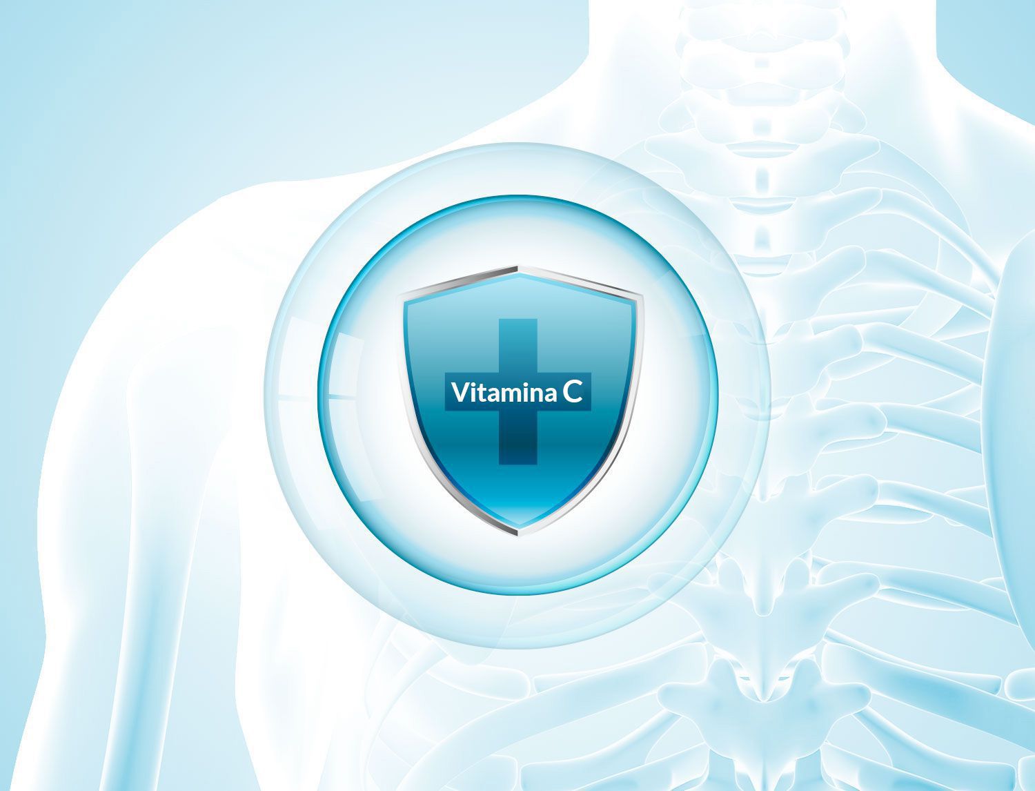 Icona di uno scudo con la scritta "Vitamina C" sovrapposta a un'illustrazione radiografica di spalla e torace, su sfondo azzurro