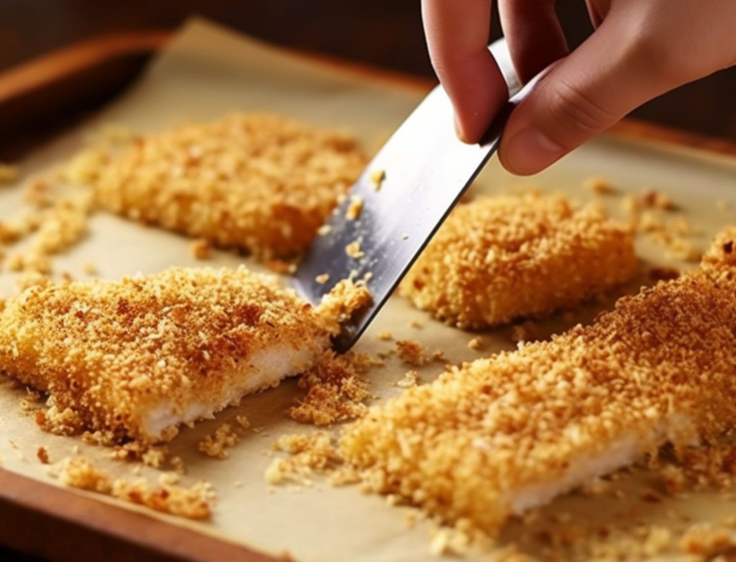 Mano che usa un coltello per tagliare cotolette impanate dorate su una teglia da forno