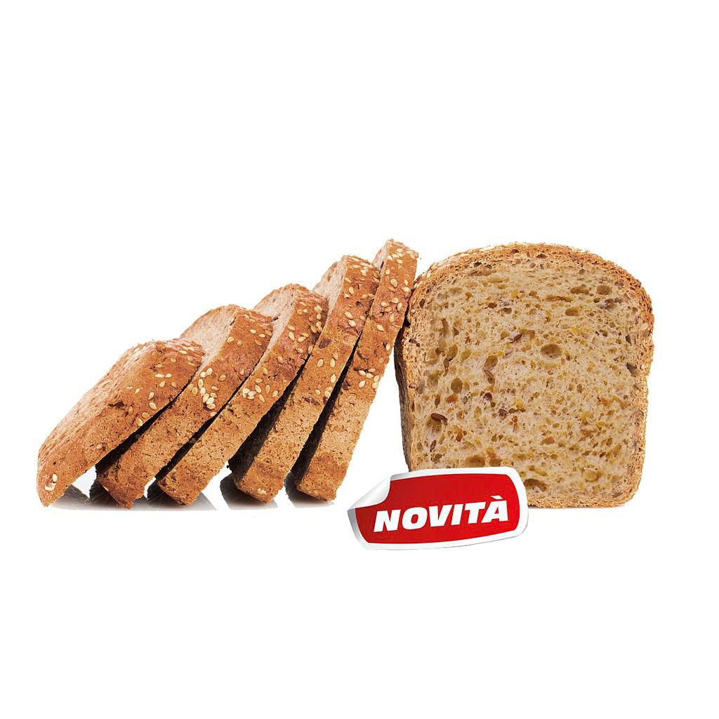 Pane a fette con semi (Panlife) impilato, con etichetta "NOVITÀ", su sfondo bianco