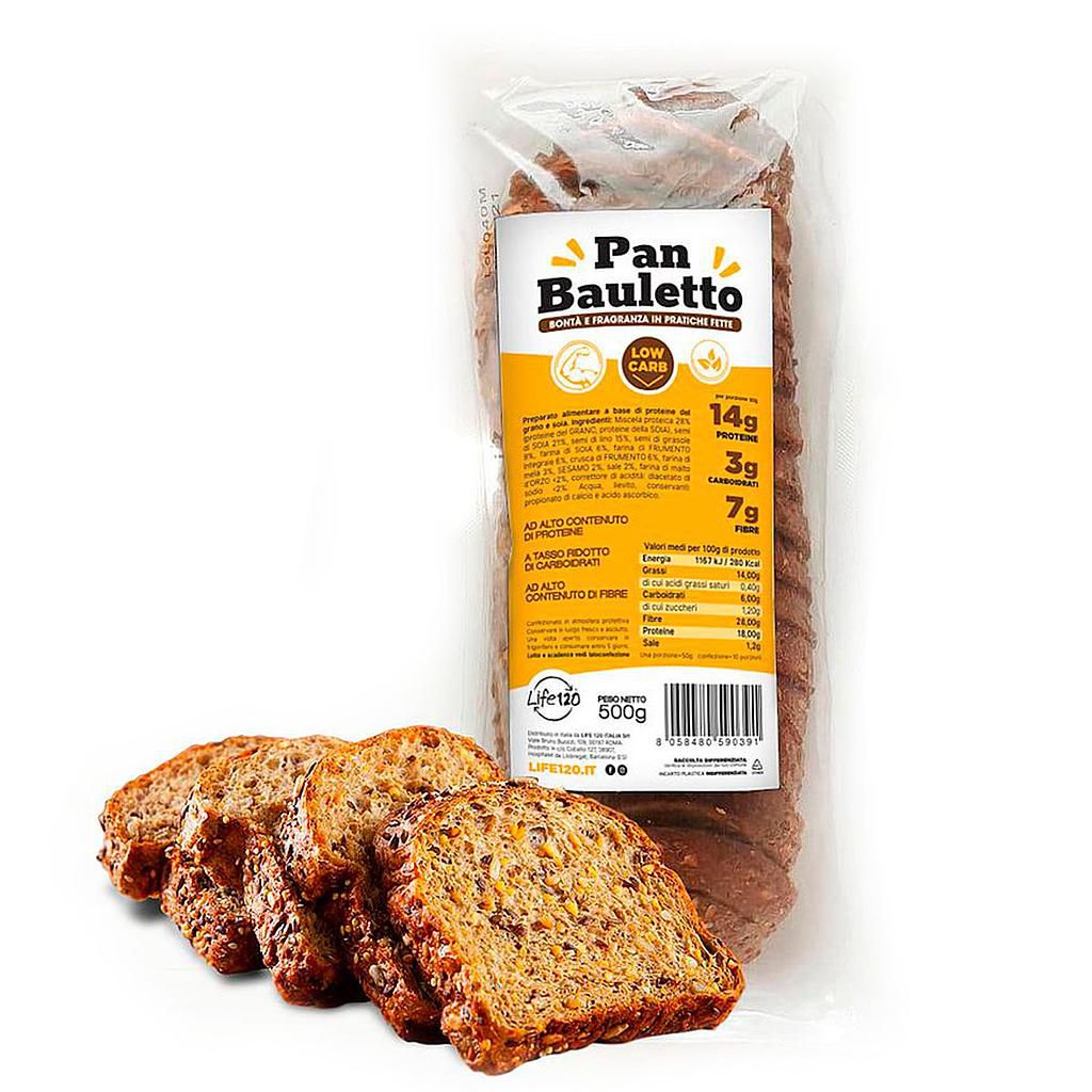 Confezione di Pan Bauletto Life120 da 500g con alcune fette del pane disposte davanti alla busta