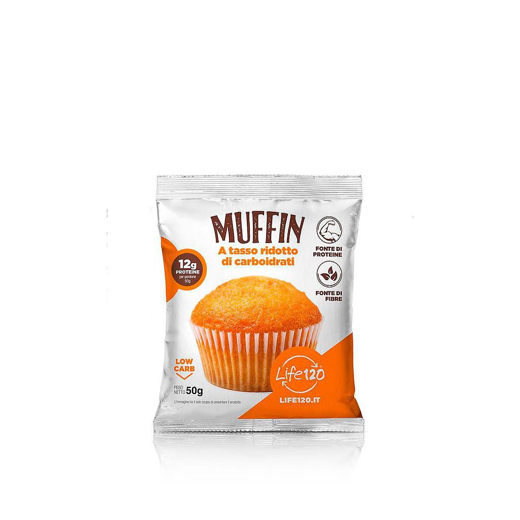 Confezione arancione di Muffin Life120 con il muffin raffigurato sulla busta
