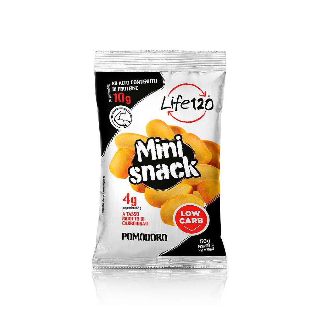 Confezione di Mini Snack Life120 gusto pomodoro, bianca e nera, con gli snack raffigurati sulla busta