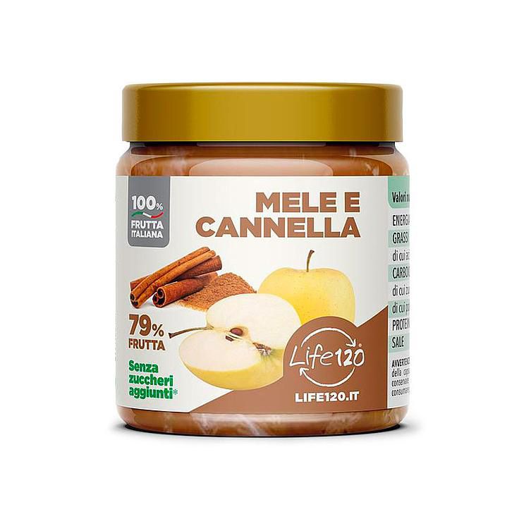 Vasetto di Confettura Life120 Mele e Cannella, con mele e stecche di cannella raffigurate sull'etichetta