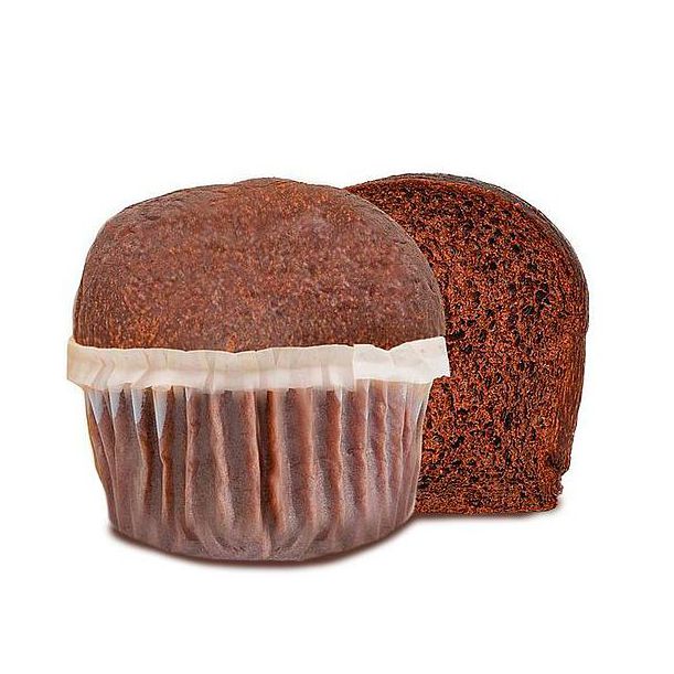 Un Pan Muffin al cacao Life120 intero e uno tagliato a metà, senza confezione, su sfondo bianco