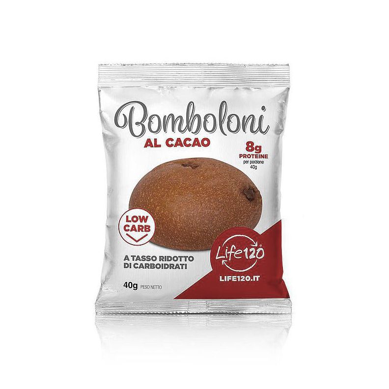 Confezione di Bomboloni al cacao Life120 con il prodotto in primo piano sulla busta
