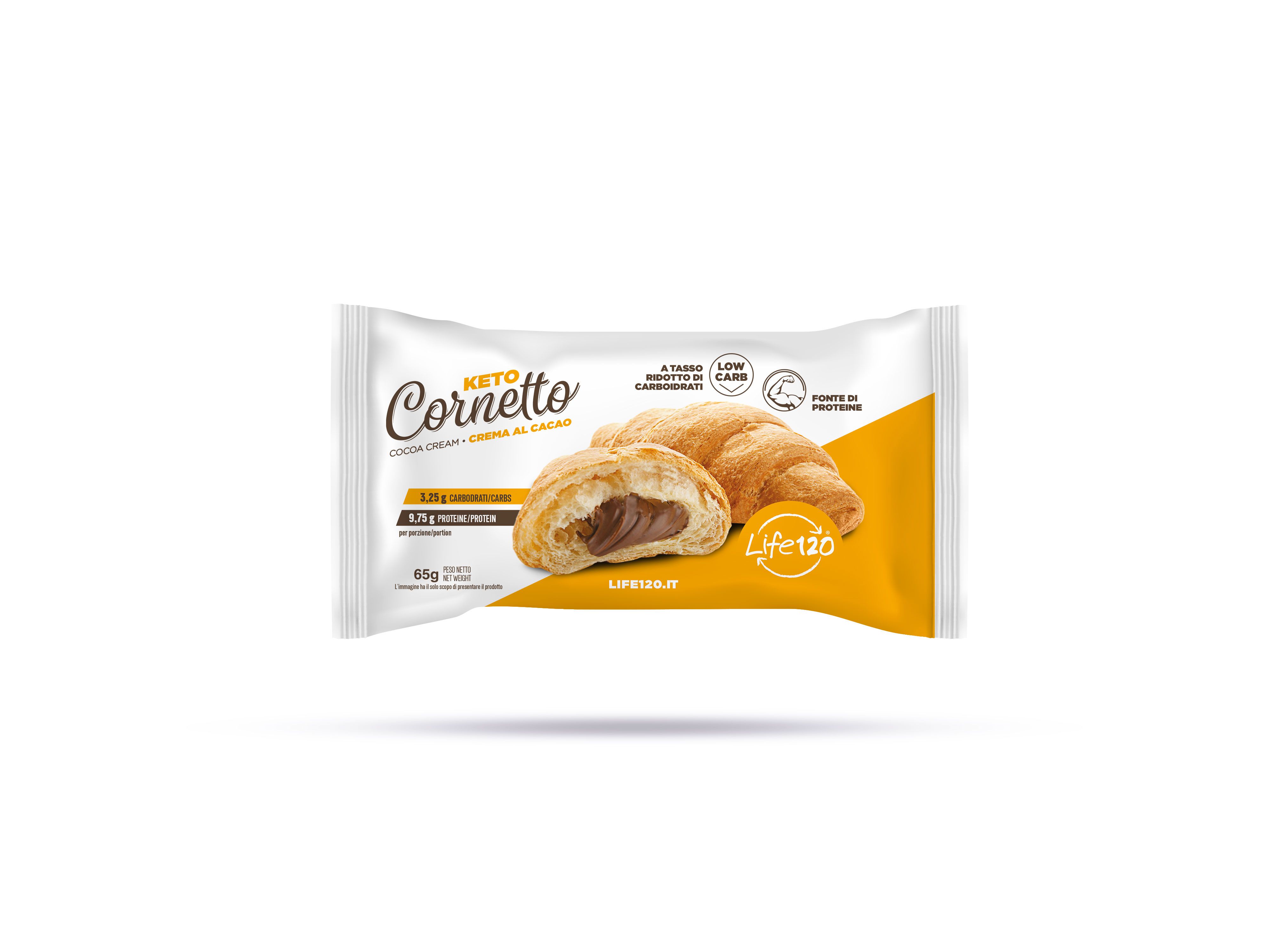 Confezione di Keto Cornetto Life120 crema al cacao, con un cornetto intero e uno tagliato a metà che mostra il ripieno